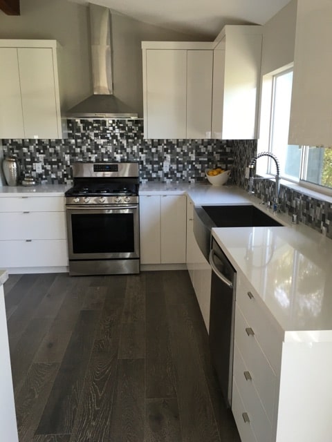 Kitchen Remodel White Lacquer and Mosaic Backsplash Los Angeles